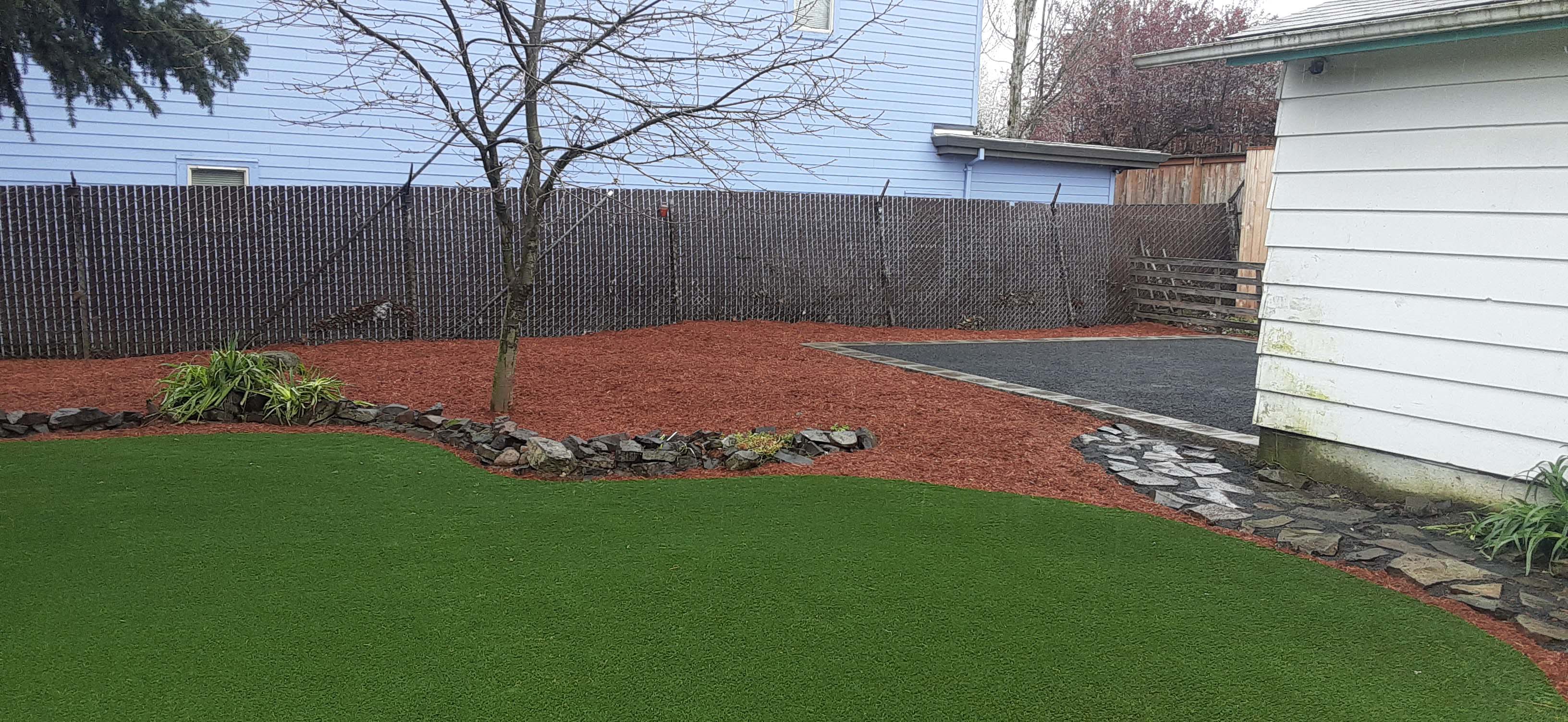 Cleaned out backyard area with new grass and mulched area, new trees and plants, and new patio section
