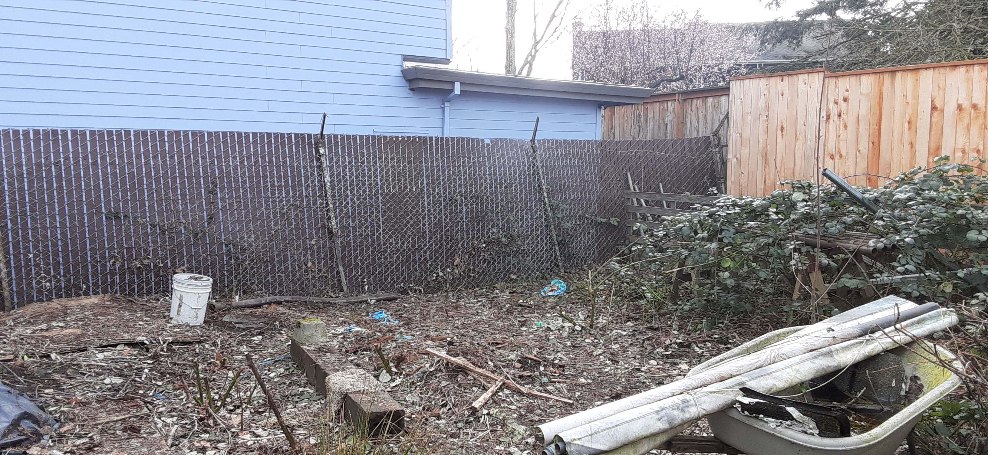 Backyard with a lot of debris, trash and overgrown plants
